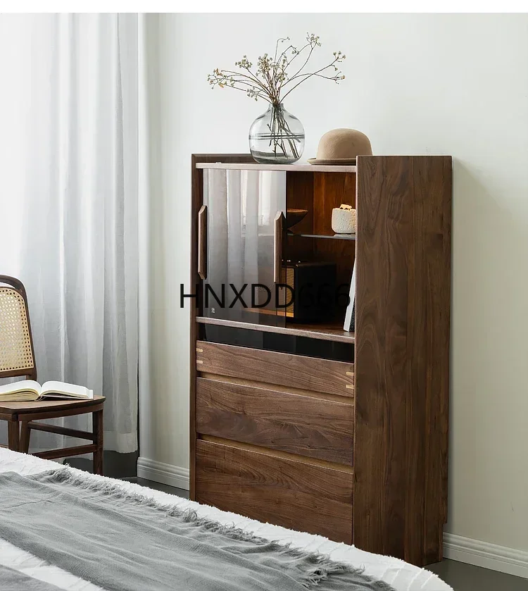 

North American black walnut chest guest restaurant tea locker glass door display storage side cabinet