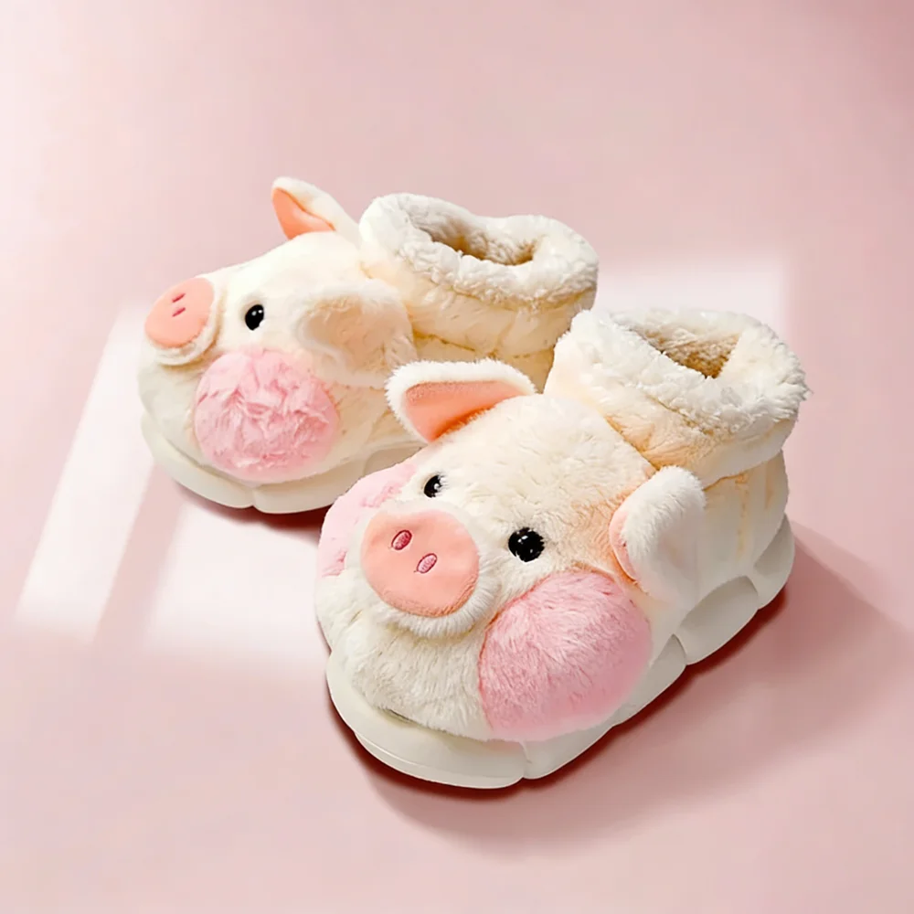 

SHAJI Cute Cartoon Pig Slipper Women Winter Comfortable Warm Plush Slippers Soft Fluffy Thick Platform High-top Cotton Slippers