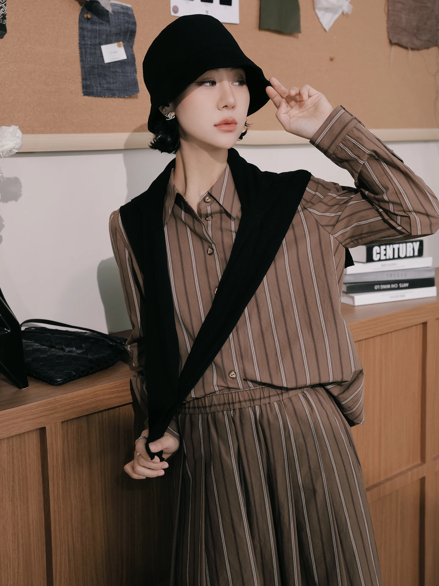 

TT Vintage Long Sleeve Striped Shirt Color Woven Coffee Brown Casual Style Women's Cotton Shirt Collar Button up