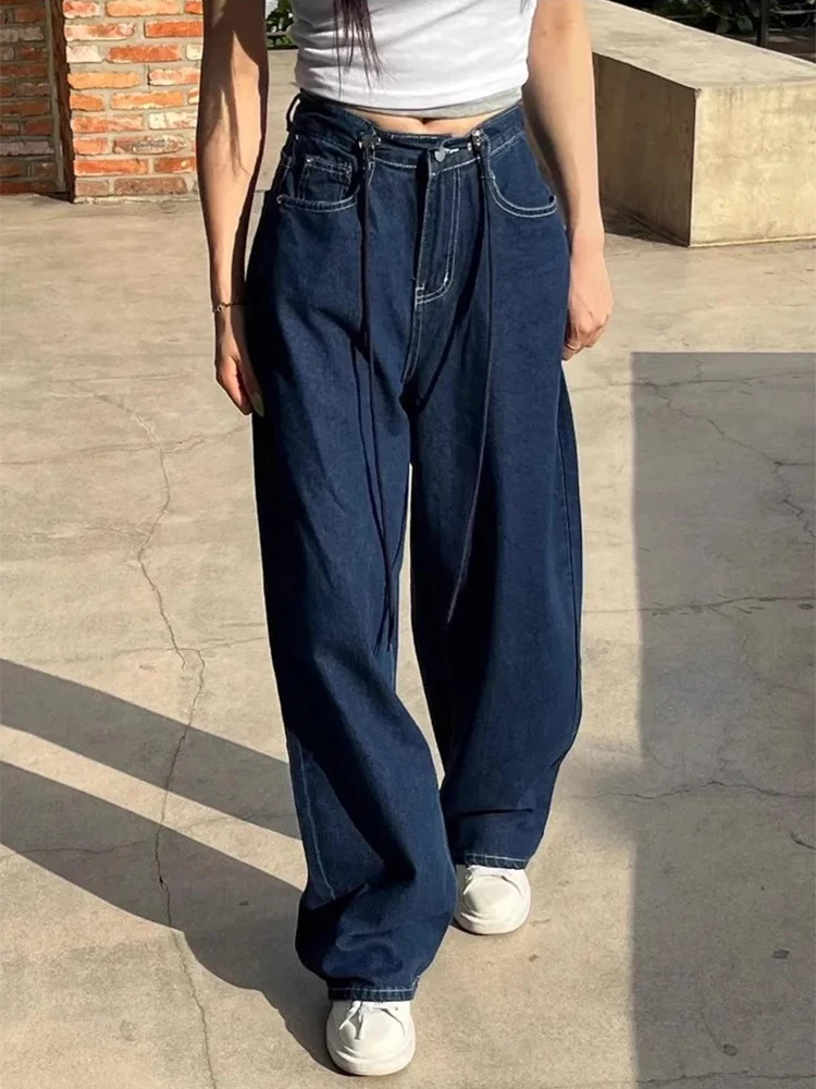 

High Waist Wide Leg Jeans Women's Summer New Sle Chic Retro Belted Casual Loose Fit Long Pants Denim Blue Color