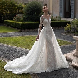 Elegant Illusion Scoop Neck Mermaid Wedding Dresses Luxury Lace Appliques Wedding Dress with Detachable Train vestidos de novia