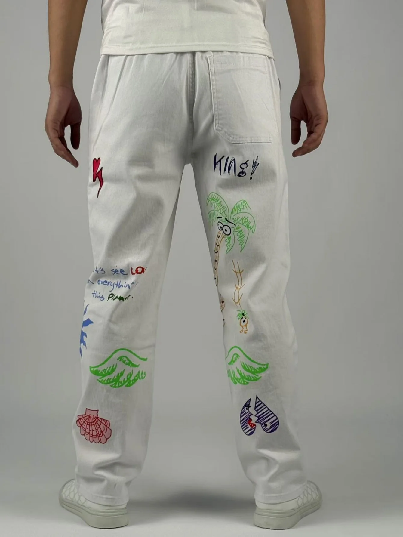 KING JEANS メンズ ストレッチウエストパンツ - ルーズストレートフィット - ヒップホップパーティートレンドプリント - クラシック万能ホワイト