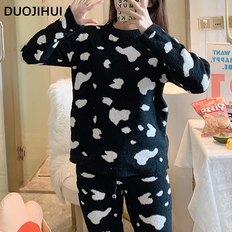 DUOJIHUI-Pyjama chaud à col rond pour femme, pull basique, pantalon simple, ensemble de pyjama femme décontracté, document de sort, mode hiver, nouveau