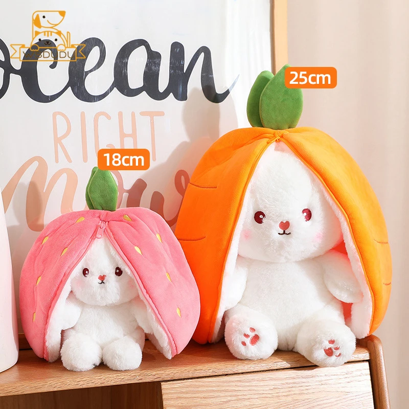 Cute Strawberry Bunny Reversible Plush Stuffed Toy Kawaii Cartoon Animals Soft Fruit Baby Rabbit Mini Pillow Doll Children Gifts