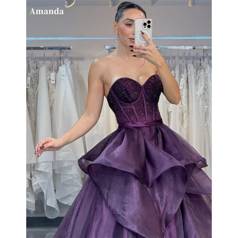 

Amanda индивидуальное фиолетовое платье с вырезом в форме сердца, многоуровневое платье для выпускного вечера с рюшами, корсет без рукавов, платья de noche, стразы, торжественный вечер