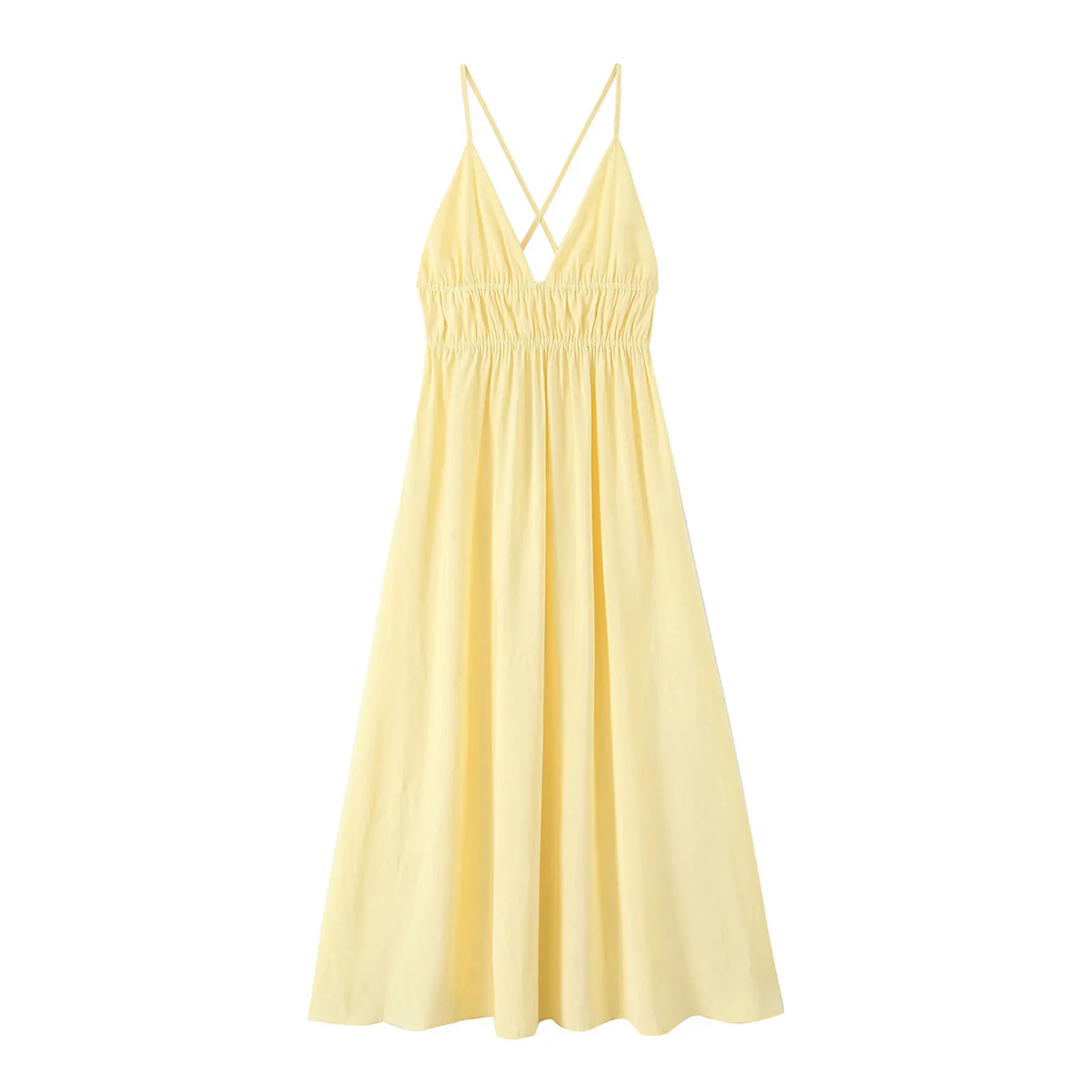 Casual zomerjurk voor dames V-hals rugloze losse midi-jurken Vakantie strandstijl Chique elegante sexy vrouw gele jurk