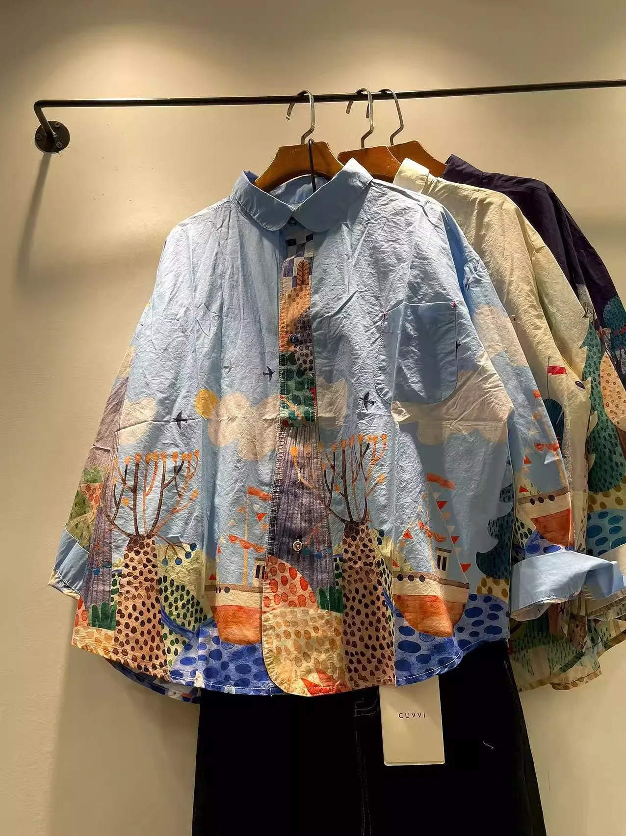 Bust 118cm pure cotton original design cartoon print shirts long sleeve blouses for women large size oversized shirts
