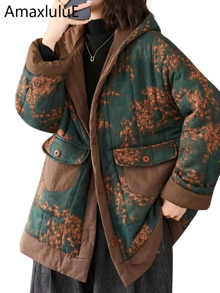 

Amax LuluE Chinese Winter Padded Coats Womens Fashion Floral Warm Parkas Loose Hooded Jackets Casual Vintage Printed Outerwear