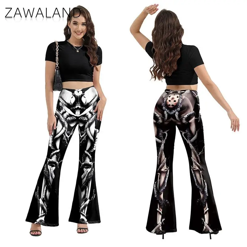 Zawaland Fashion Women's Flared Pants Black Skull Print Casual Halloween Party Clothing Leggings For Ladies Bell Bottoms