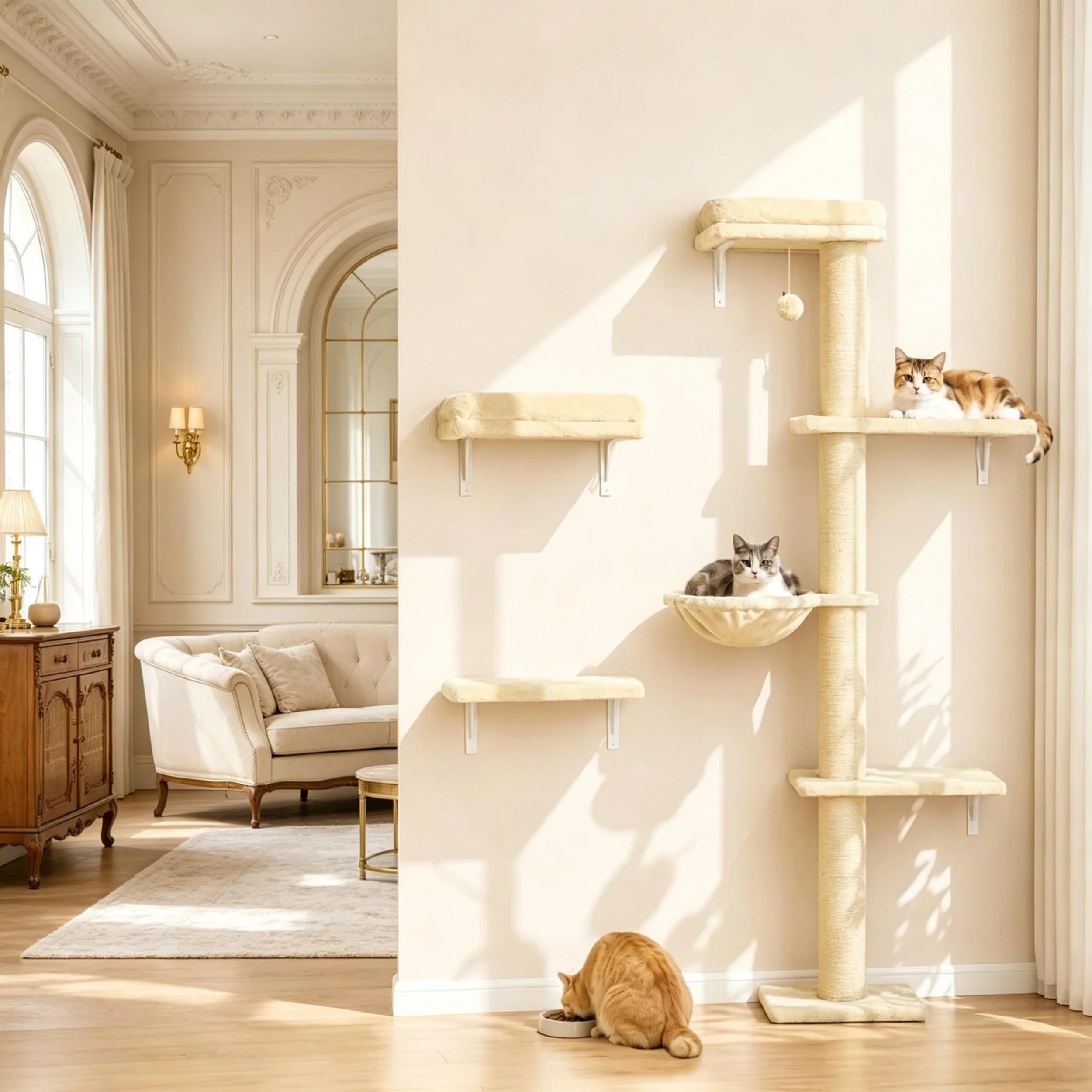3 In 1 Cat Wall Shelves Furniture Set With Sisal Scratching Post Hammock Cat Bed For Indoor Cats Climbing Sleeping Space Saving