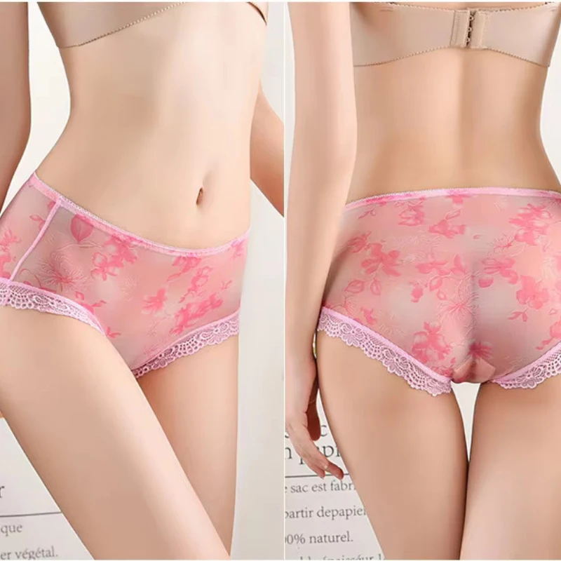 

Women's Sexy Perspective Panties Girls Printing Underpants Lady Mesh Breathable Shorts Low-Waist Lace Briefs Fashion Underwear