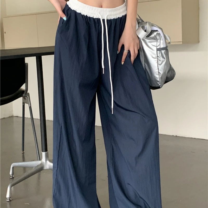 Pantaloni a gamba larga in vita elastica a contrasto di colore Estate sottile da donna 2025 Nuovi pantaloni Yamamoto dritti verticali casual larghi ad asciugatura rapida