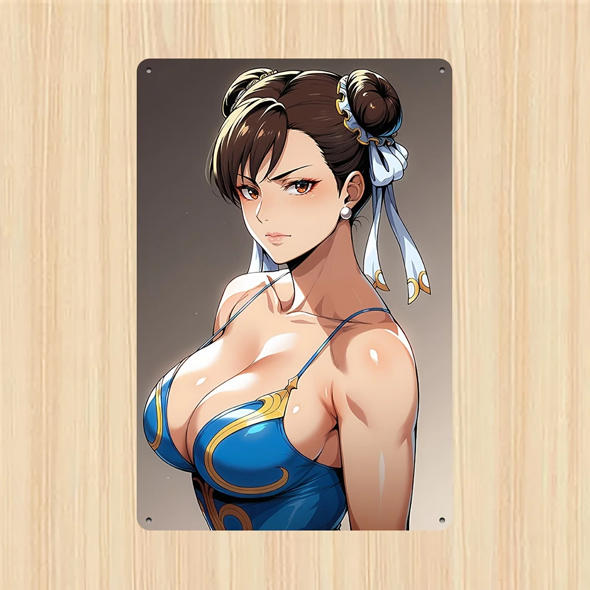 Vintage Aluminium Fighting Game Style Girl Tin Sign, Double Bun Hair Blue Gold Outfit Lady Wall Decor for Otaku Bedroom Home