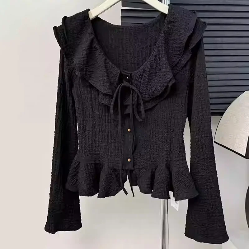 

French Style Ruffle Long Sleeve Blouse Ladies Exquisite Bow Strap Single Breasted Top Women's Autumn Solid Color Design Tops