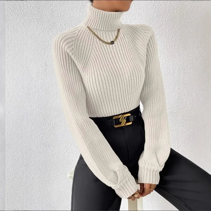 Women's Autumn Winter Sweaters New Fast Selling Loose High Neck Drop Shoulder Sleeves Knitted Pullover Sweater Warm Soft Tops