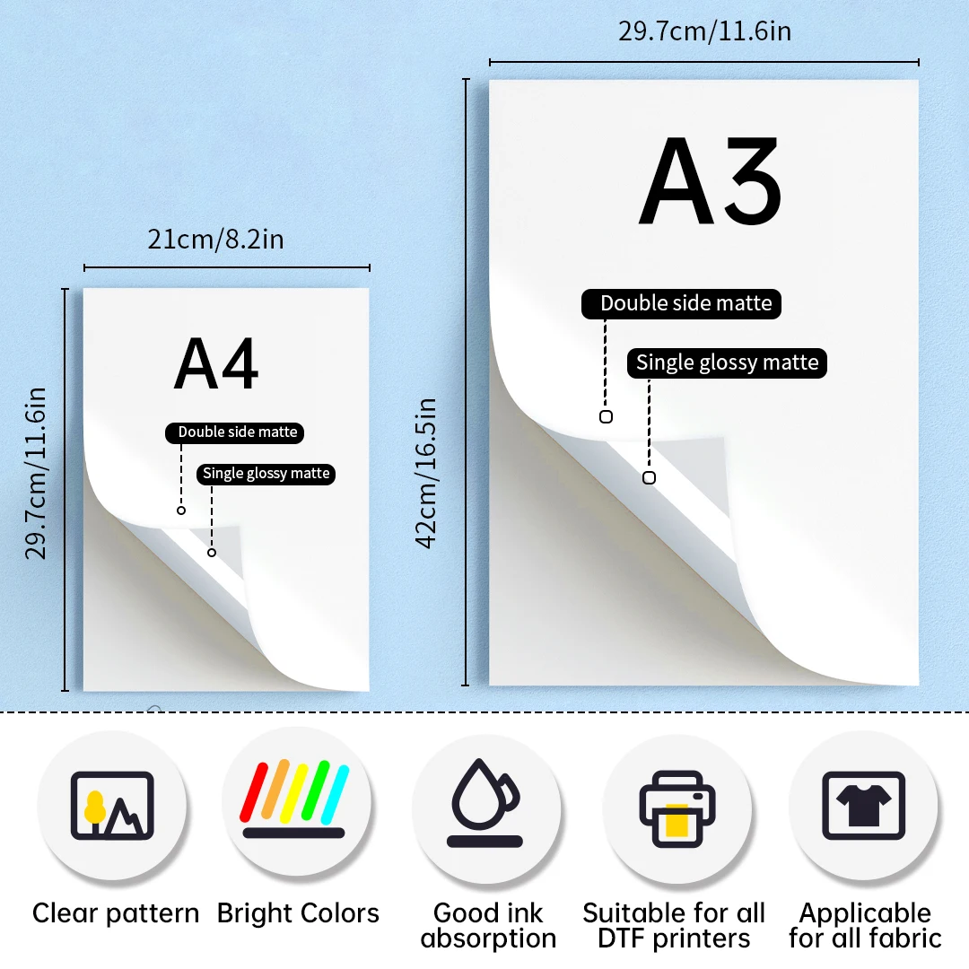 A4 A3 100 pezzi pellicola di trasferimento DTF PET pressa di calore sublimazione opaca bifacciale trasparente prelettato fogli trasferimenti termoadesivi per abbigliamento