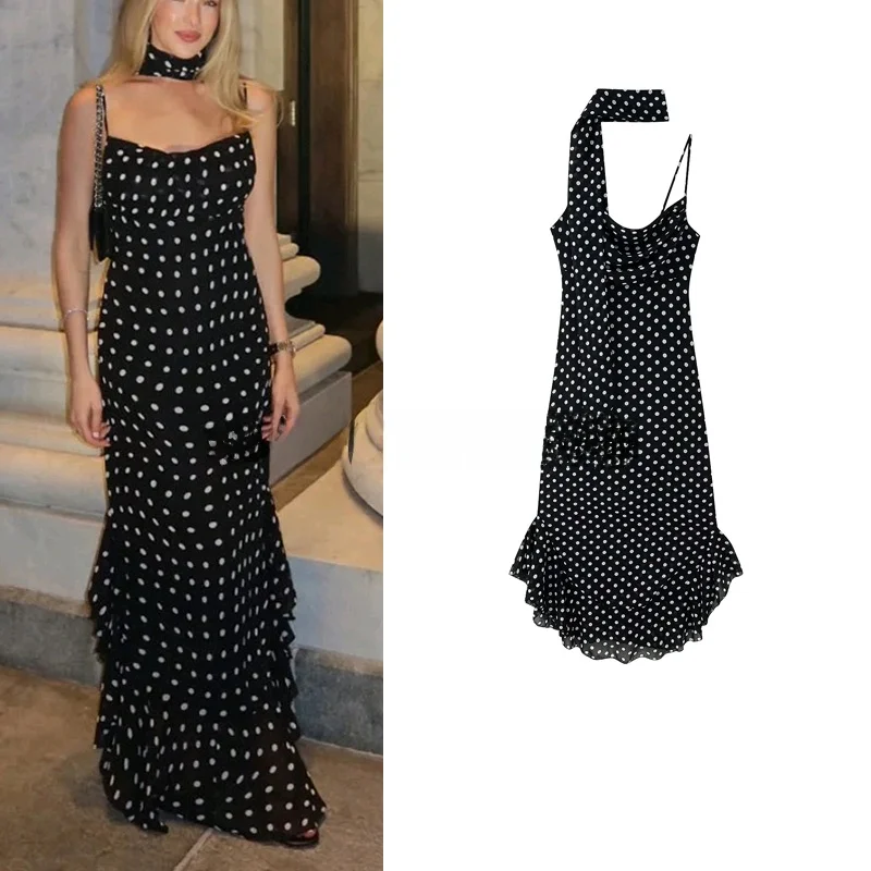 Estate nuova casual Sle donna Dr con sciarpa a pois vita alta abito lungo senza spalline balza orlo Ele Faion