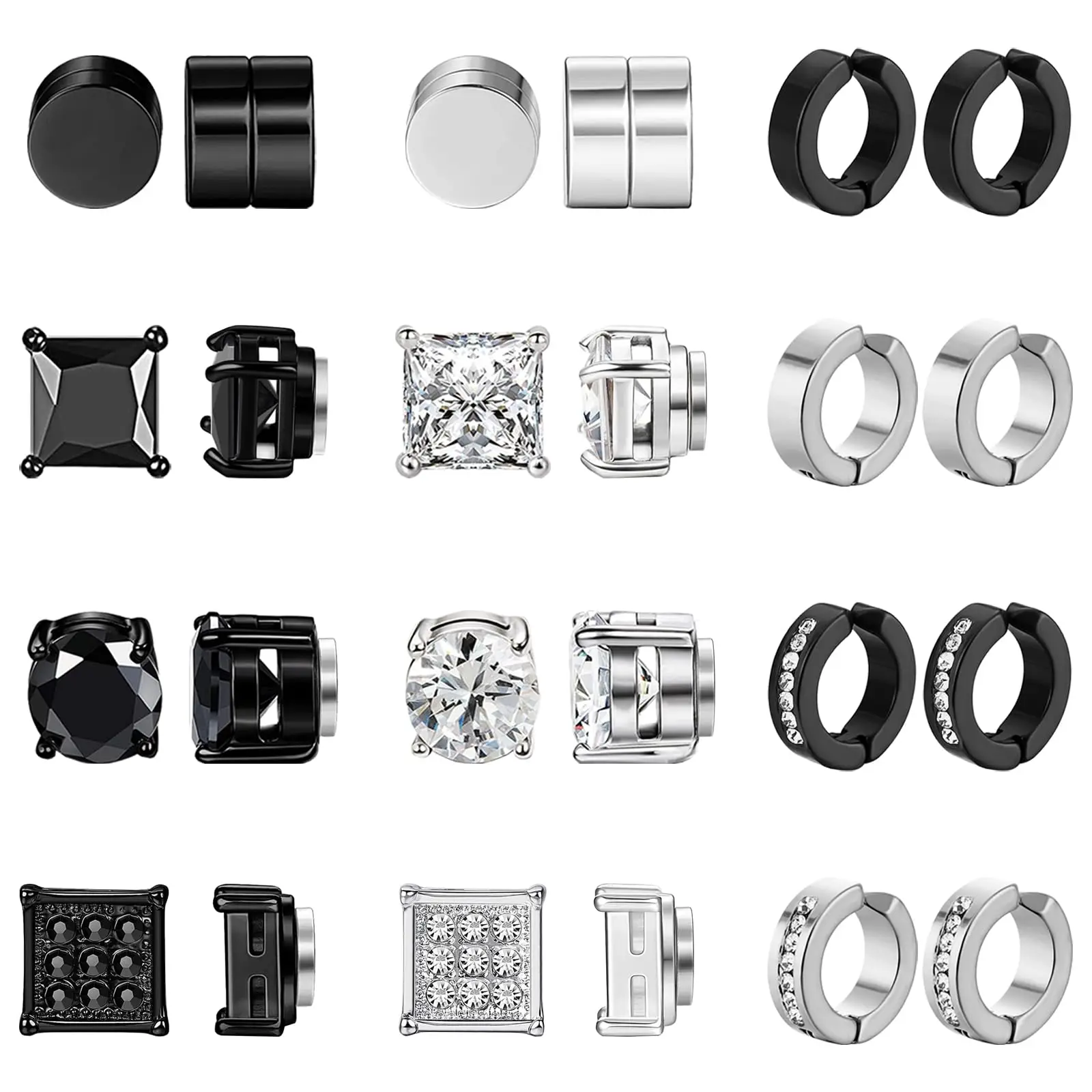 1 Pair/12 Pairs Stainless Steel Inlaid Cubic Zirconia Magnetic Non-Piercing Stud Earrings Round Clip on Ear Cuff for Men Women