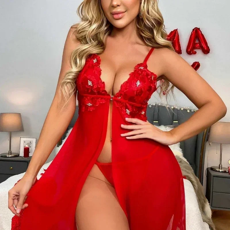 

Sexy Lingеrie Night Dress Women Red Mesh Suspender Nightgown Sexy Body Lingerie Women's Pajamas Dress Cardigan Sleeping Dress