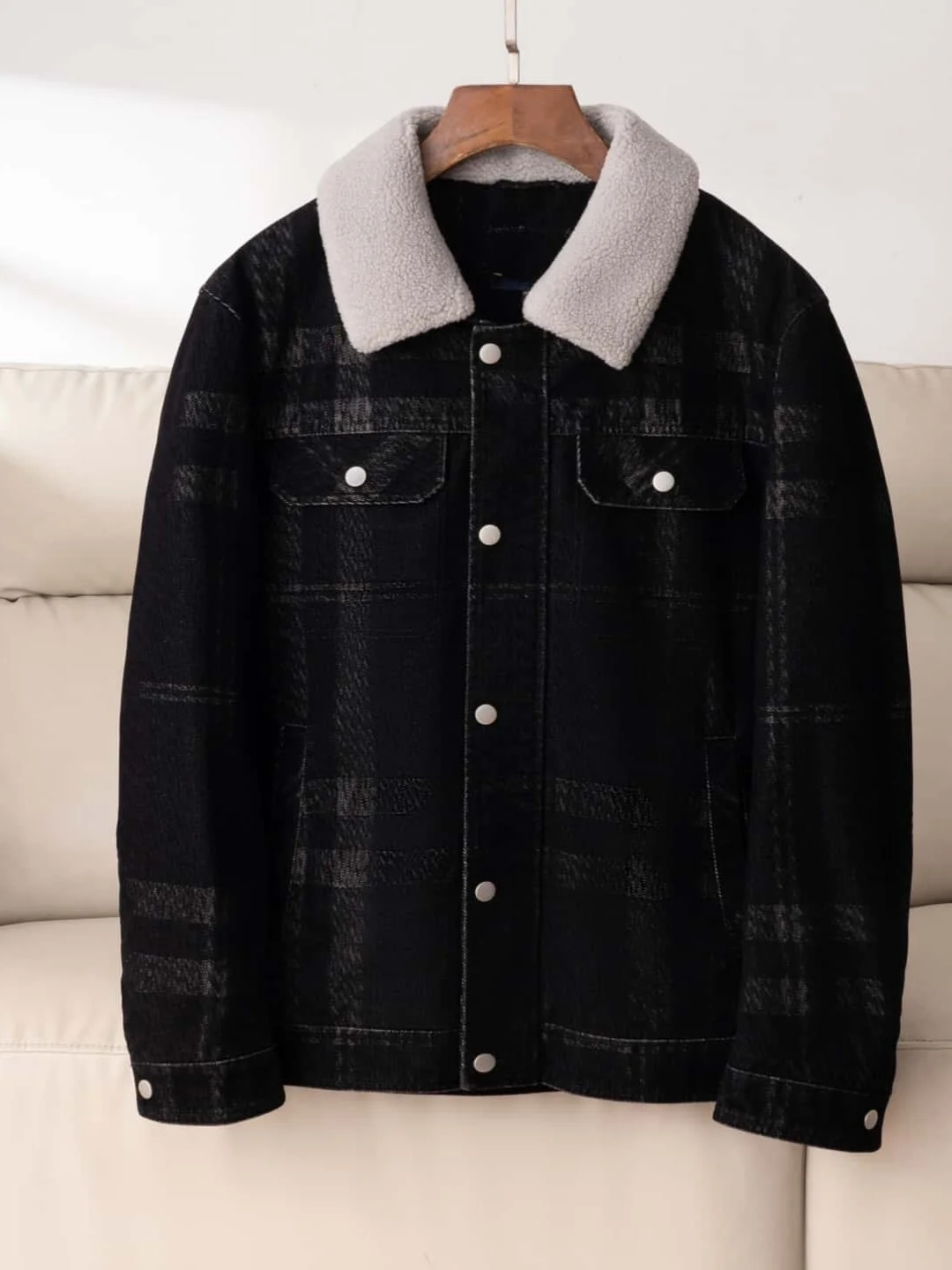 

Thiened Woolen Cotton Jaet Men's Winter Faion Plaid Design Warm Outerwear Casual Sle ort Length Button Closure