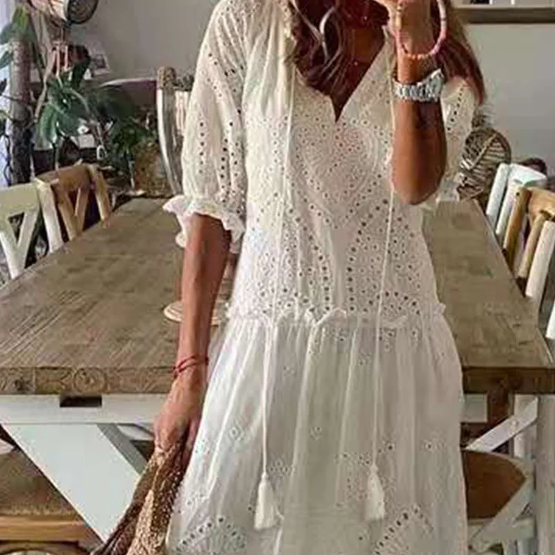 Lässiges, lockeres Boho-Damen-Sommer-langes Kleid, elegant, aushöhlen, V-Ausschnitt, weißes Strand-Sommerkleid, Vintage-Blumendruck, Maxikleider