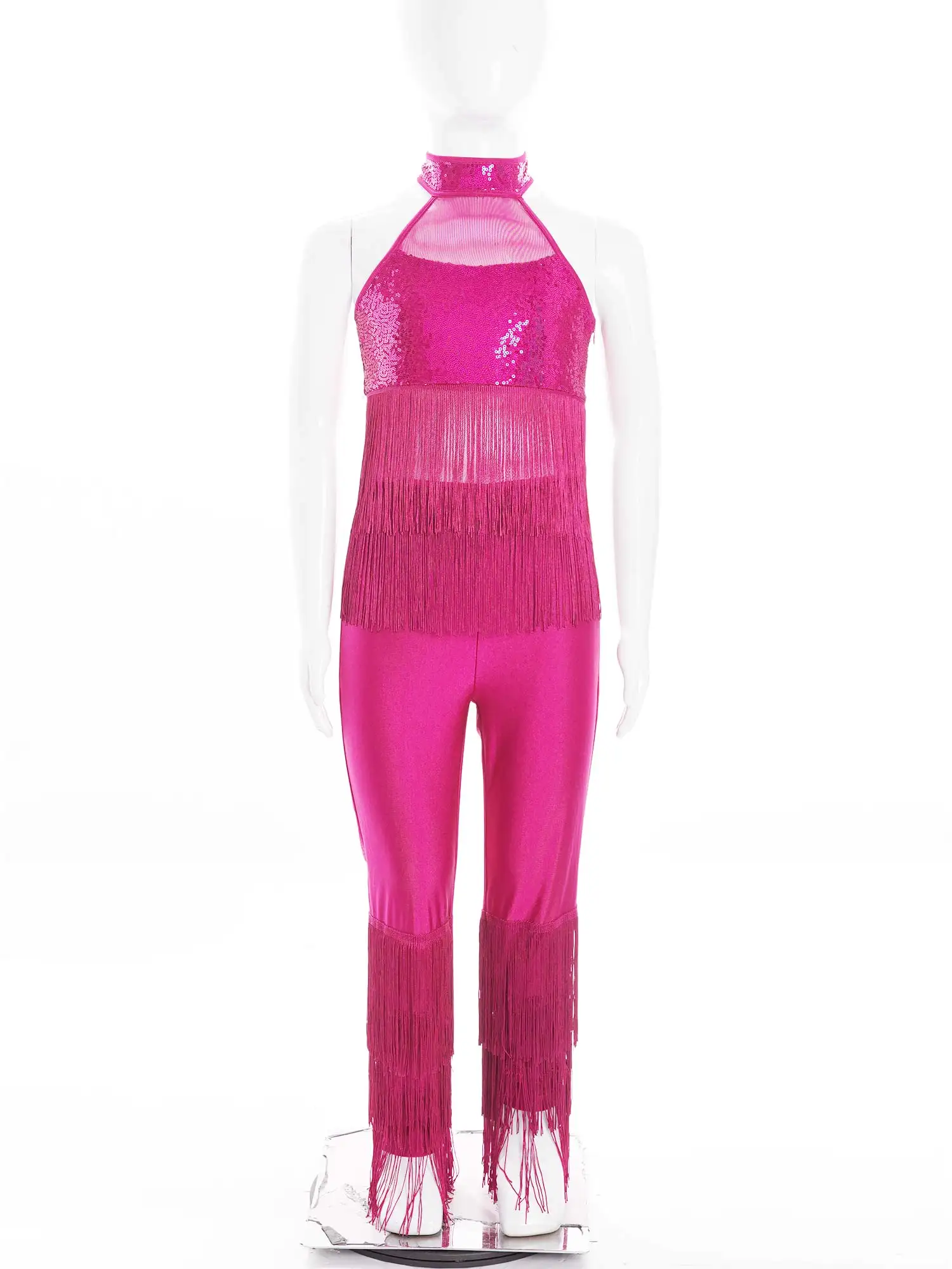 

Girls Disco Hippie Costume Sparky Sequins Jumpsuit Kids Jazz Dance Costumes Halter Tiered Tassels Fringed Bodysuit Streetwear