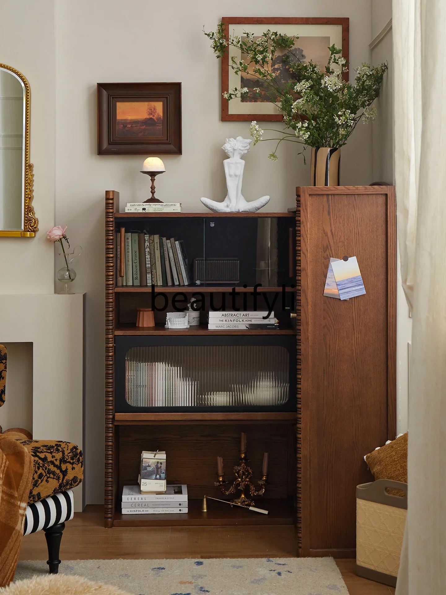 

xx1Medieval solid wood retractable bookcase small apartment living room French dining side cabinet bedroom integrated wall chest