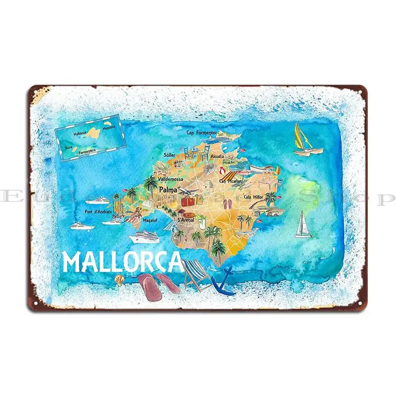 Mallorca Spain Illustrated Map With Landmarks And Highlights Metal Plaque Poster Plaques Customize Home Tin Sign Poster