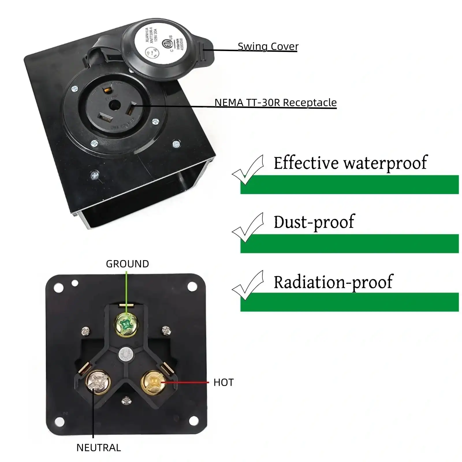 Caja de toma de corriente RV de 50 amperios, receptáculo NEMA14-50R para vehículos recreativos, generadores, soldadoras