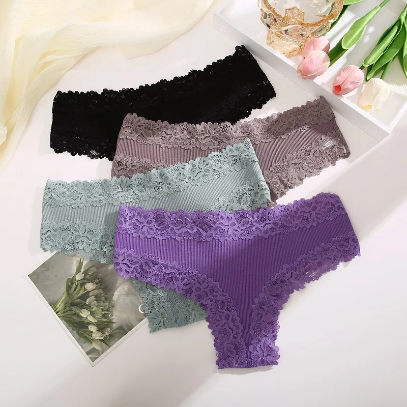 Women Sexy Lace Brazilian Panties Cotton Soft Lingerie for Female Low Rise Solid Color Breifs Breathable Intimates Underwear