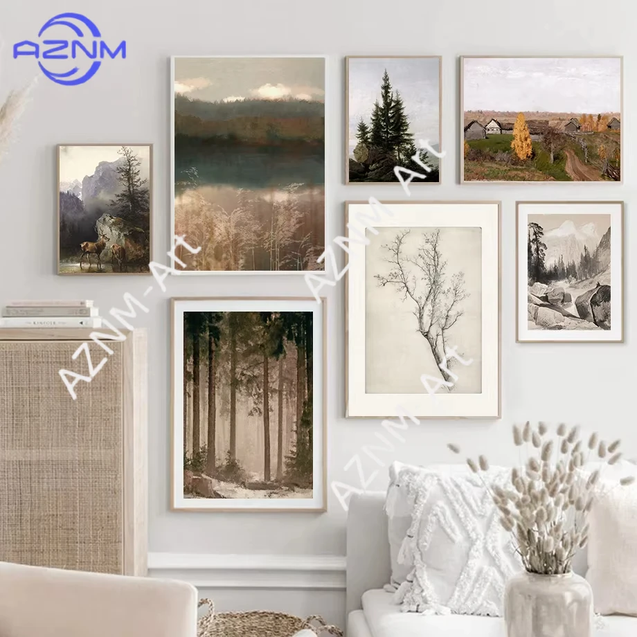 1 Stück, Bergwald-Landschaft, neutraler Kunstdruck, antike Seelandschaft, Gemälde auf Leinwand, Poster, Küstenwandbilder, rustikal