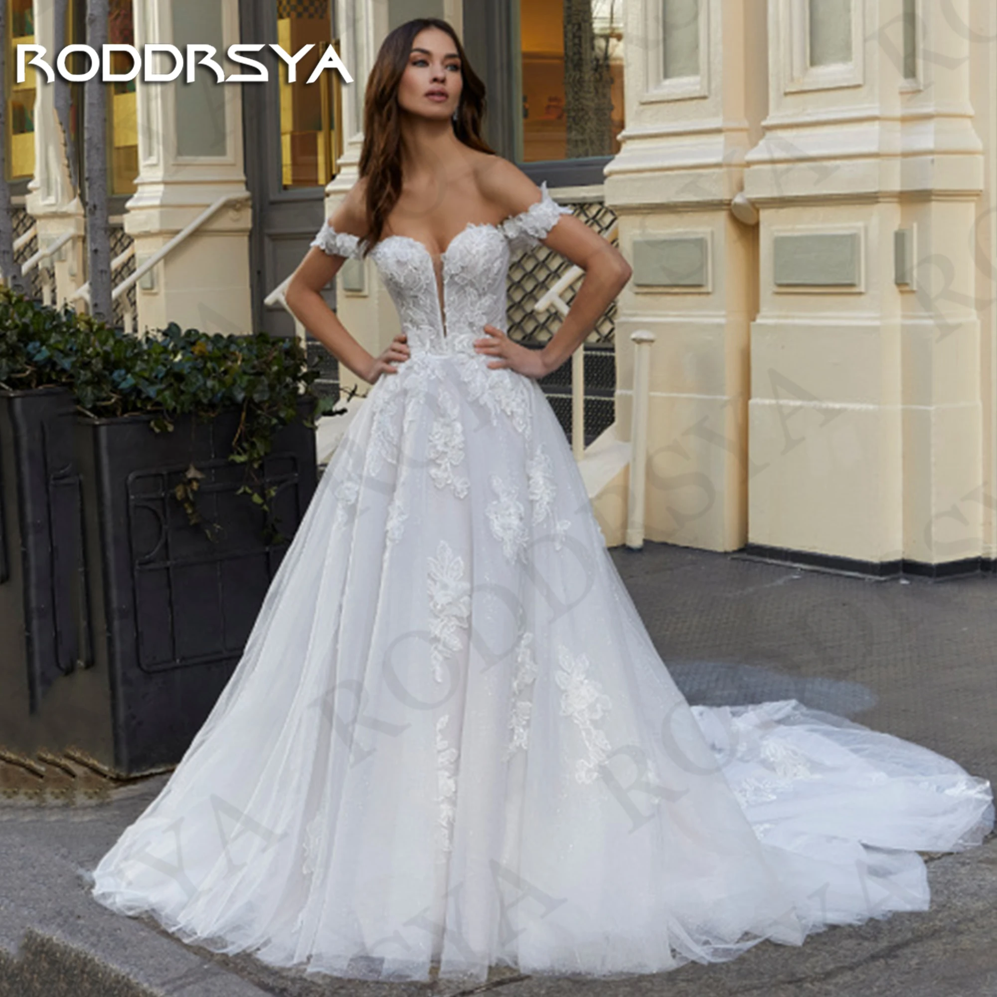 

RODDRSYA Off Shoulder Wedding Dress for Women Sweetheart suknia ślubna Sparkly Tulle A Line Lace Bride Gowns Glitter Backless