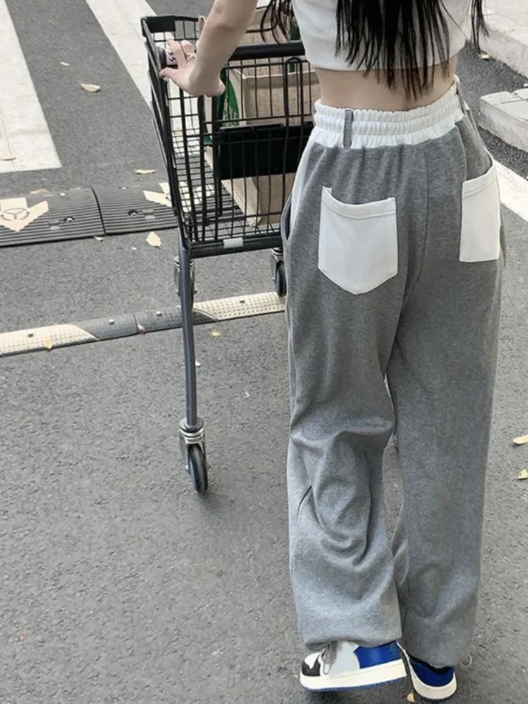 グレーの巾着スウェットパンツ,カジュアル,ハイウエスト,ルーズフィット,パッチワーク,ストリートウェア,ヒップホップ,トレンディ,春,夏