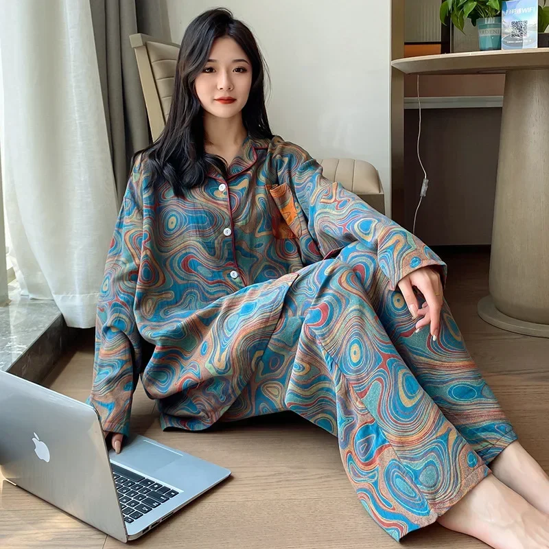 Piyama Katun Murni Ukuran Besar Celana Lengan Panjang Gambar Cetak Wanita Dua Potong Piyama Kardigan Kerah Musim Semi dan Musim Gugur Set Tipis