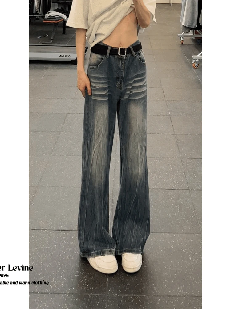 

Мужские джинсы с высокой талией и узором Thunderbolt, прямые брюки Cleanfit в американском стиле High Street, слегка расклешенные, молодежные модные джинсы