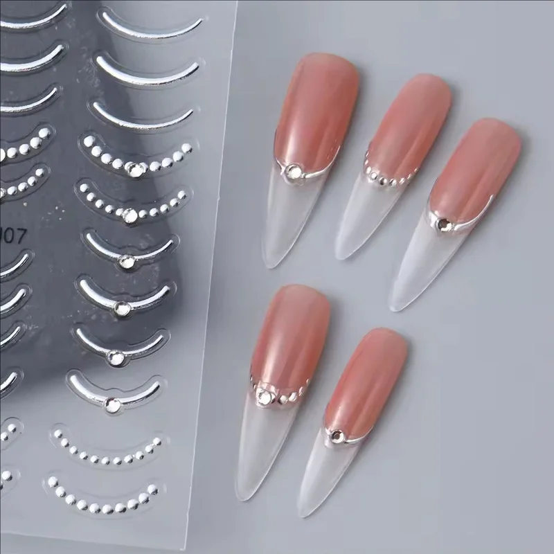 1pc Self-Adhesive5D3D Embossed Nail Stickers with Rhinestones and Glitter - 2Temporary French manicure and foot design in variou