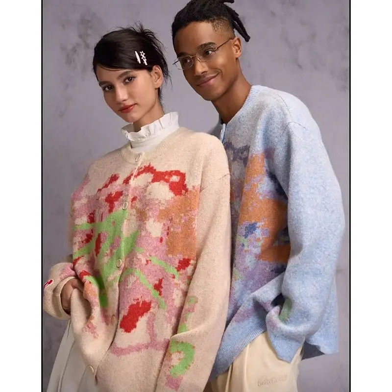 Crayon Graffiti Sweater Round Neck Cardigan Women Men Couple Colorful Tops  Autumn New Sweet Cute Loose Casual Outerwear