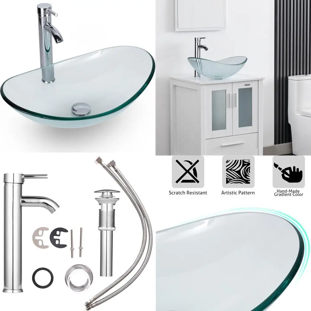 

21.5 Clear Tempered Glass Sink with Water-Saving Faucet and Drain for Bathroom Vanity Cabinet
