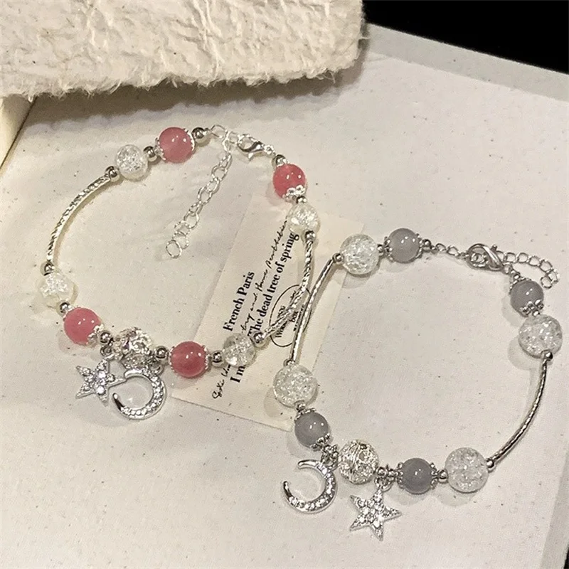 Fashion Strawberry Crystal Pink Beads Beaded Bracelet  Sweet Cool Star Moon Pendant For Women Trendy Jewel