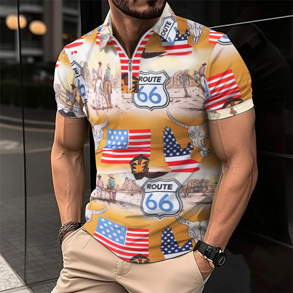 2024 Best-Selling Summer Men's Fashion Short-Sleeved Polo Shirt Dress Up Flag Print Zipper Lapel Polo Shirt Men's Clothing Party