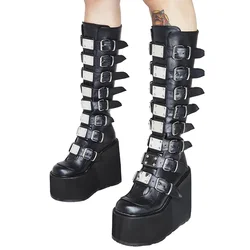 Platform Round-Toe Zip Punk Goth Mid Calf Combat knee 11cm High boots for women Motorcycle Large Size shoes