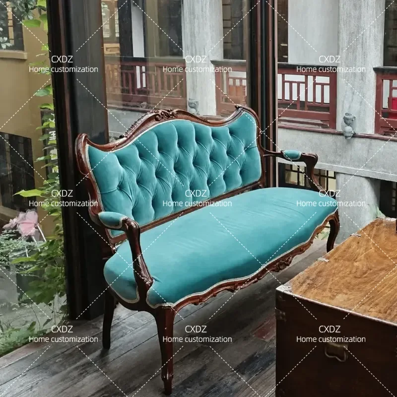 French Retro Solid Wood Sofa Chair Dark Green Country Style Living Room Leisure Armchair for Villa Hotel BnB Home Furniture