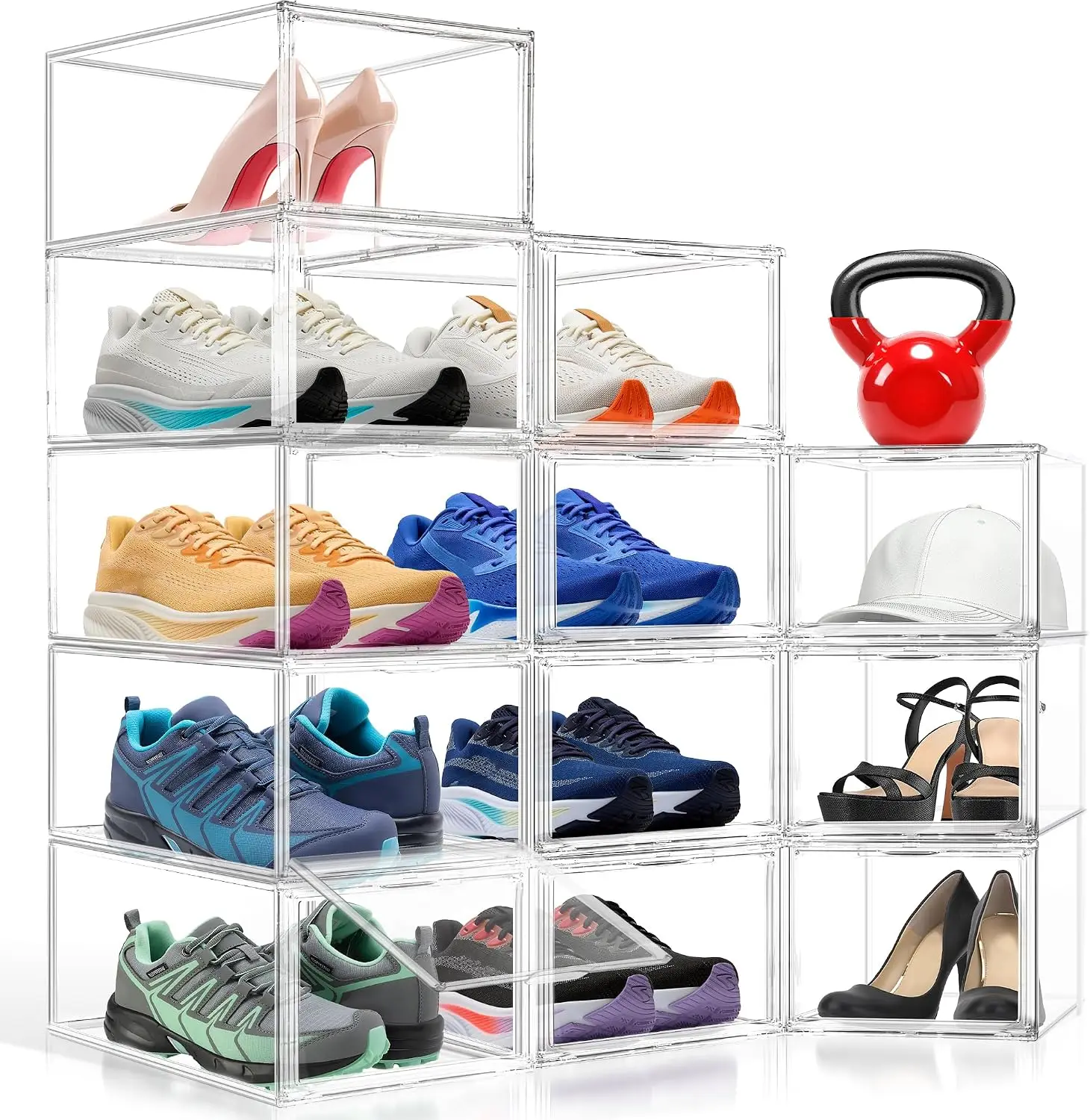 12 Pack Clear Acrylic Shoe Boxes Organizer, Extra-Thick Reinforced Stackable Shoe Storage with Magnetic Door, Dust-Proof Display