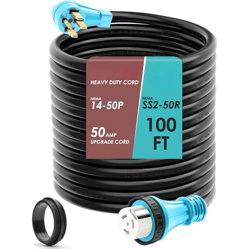 UL Listed 50 Amp 100 Feet RV/Generator Cord with Locking Connector, Heavy Duty 6/3+8/1 Gauge STW Wire, 14-50P Male