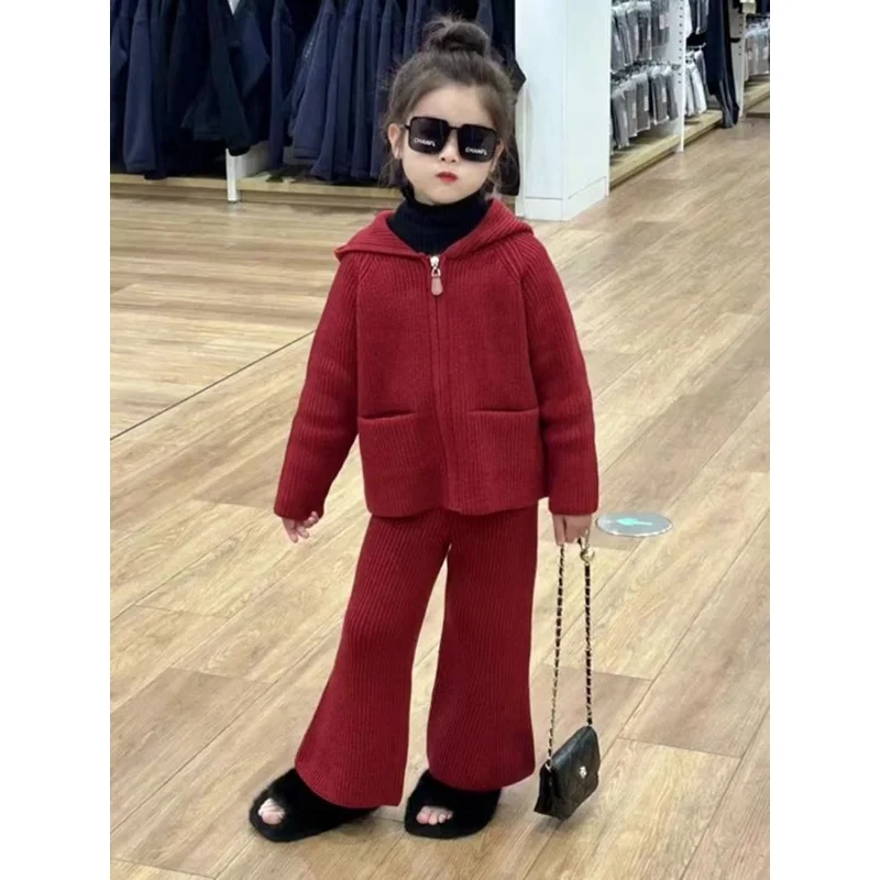 

Girls' Red Knitted Set Autumn/Winter New Collection Children's Hooded Zipper Open Top Bellbottom Pants Two Piece Set 90-140cm