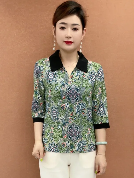 

New Ice Silk Mid-Sleeve T-Shirt Collared Summer Fashionable Slimming Elastic Top for Middle-Aged And Elderly Women Breathable...