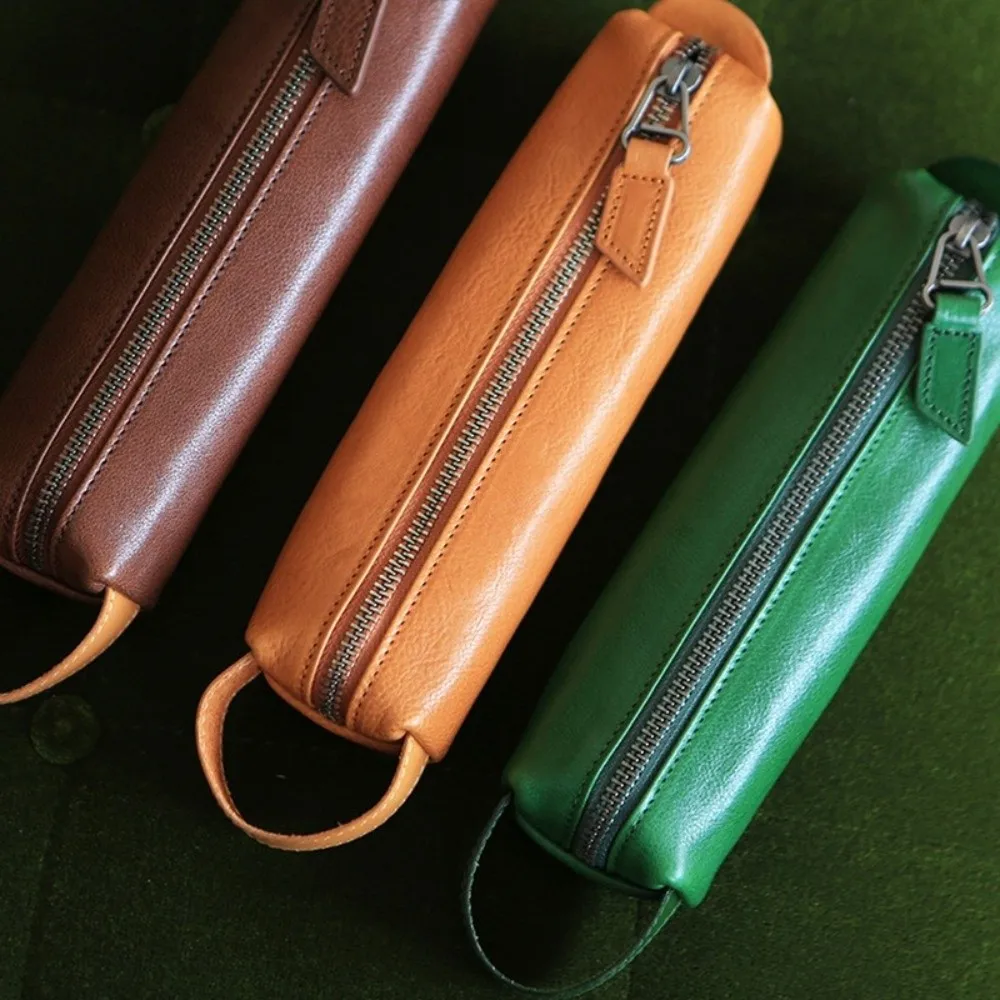 PU Leather Pen Pouch Single Compartment Zipper Closure Pencil Case Waterproof Wrist Loop Stationery Pouch School Office Supplies
