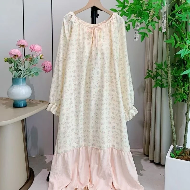 

Korean Version of Princess Style Long-sleeved Nightgown for Women's Autumn Winter New Mid-length Nightgown Home Clothes Woman