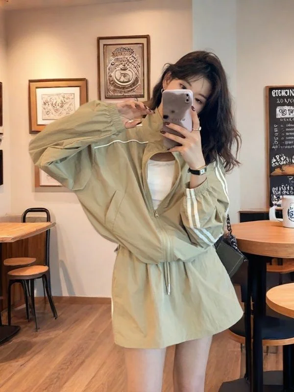 

plus Size 300 Pou Korean Sle Striped Sun Protection Zipper Workwear Jaet High Waist Slim A-Line ort Skirt Set Spring