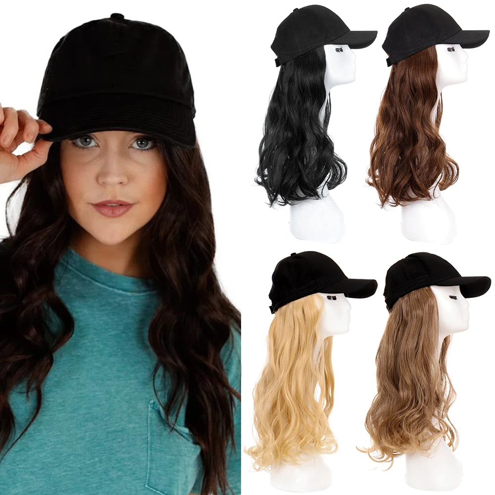 Synthetic Fluffy Wavy Wigs with Hat Baseball Cap Seamless Connection Hair Extensions for Women Adjustable Hat Wig